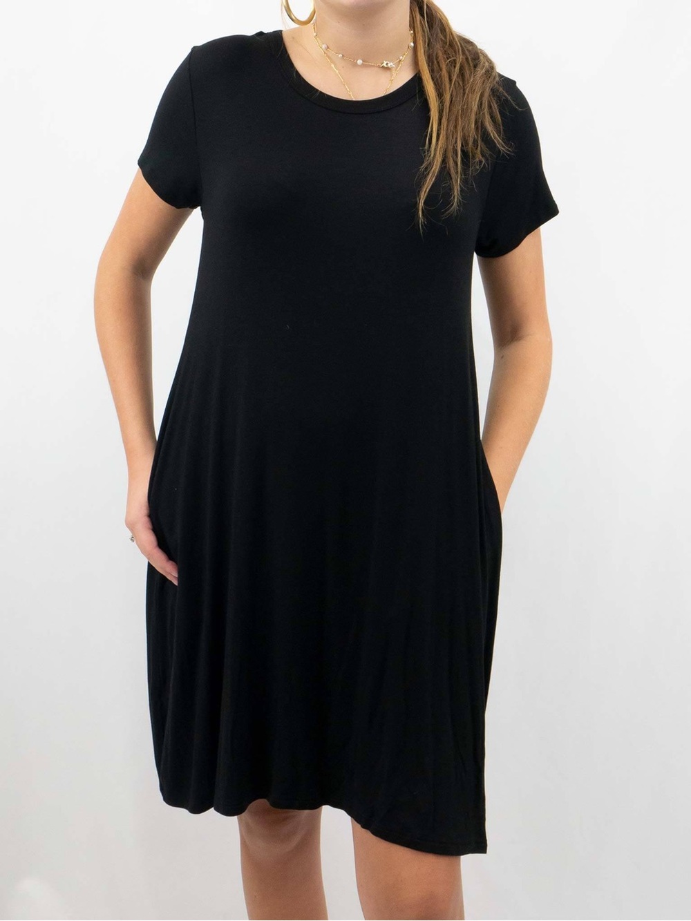 mittoshop Black Short-Sleeve Bamboo Mini Swing Dress with Pockets